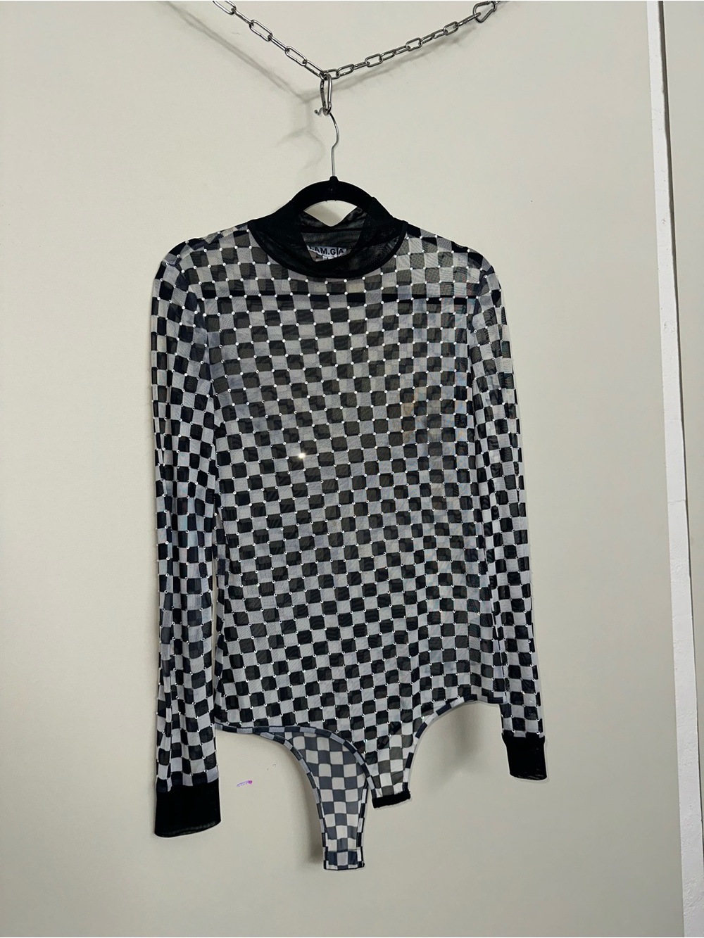 I.AM.Gia Rhinestone Custom Checkered Long Sleeve Bodysuit in Black & White
